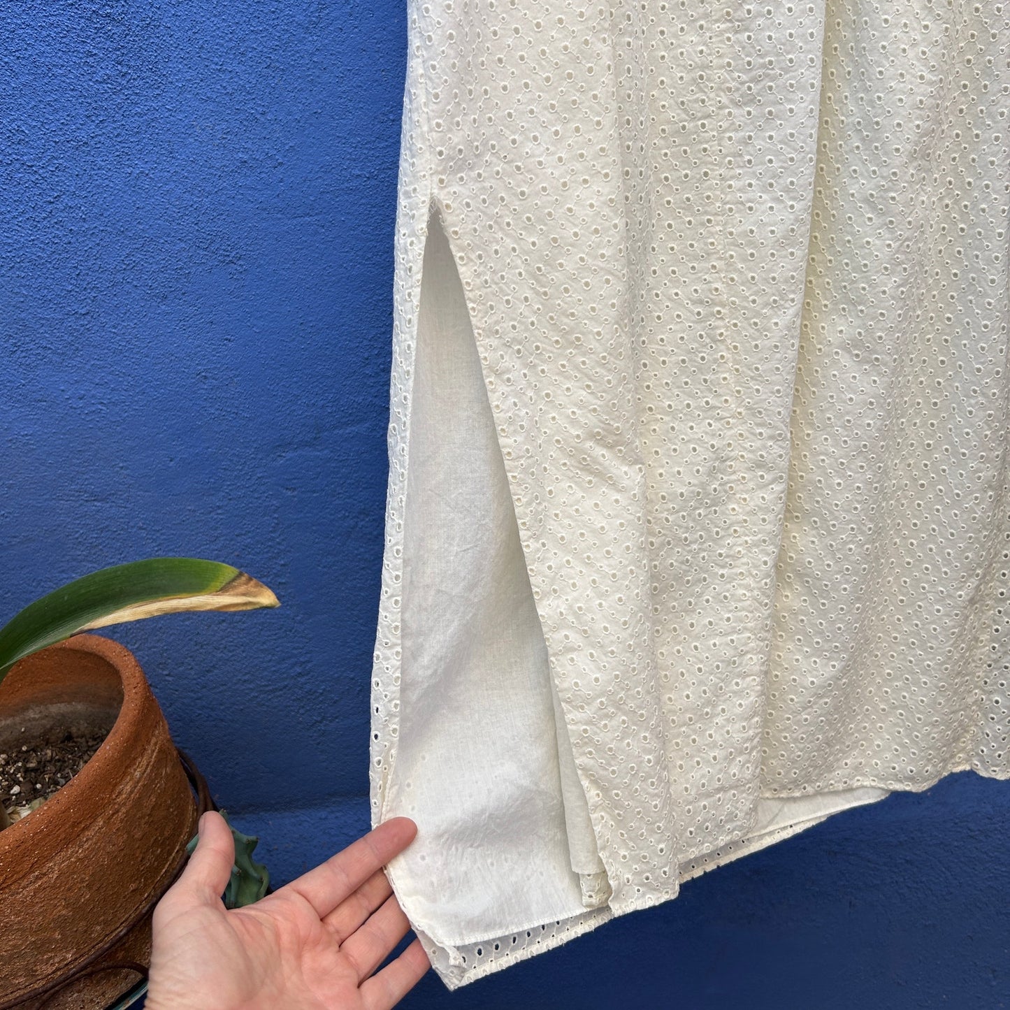 cream eyelet cotton sundress with keyhole tie details
