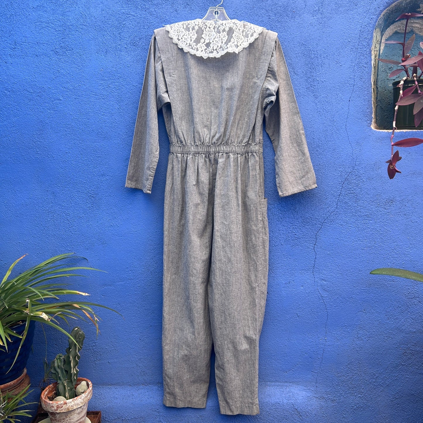 vintage 80s byer too! lace flanked gray cotton jumpsuit