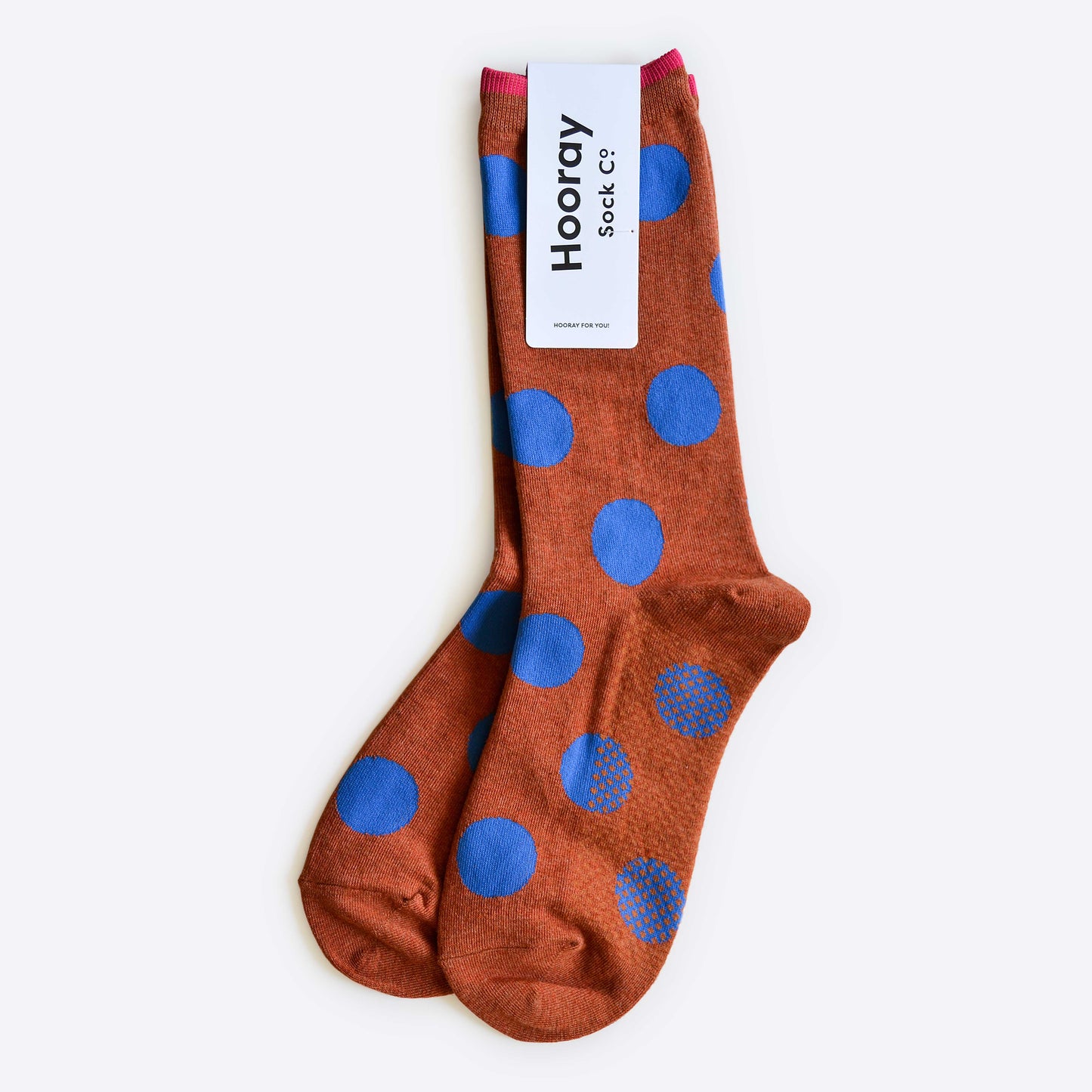 Hooray Sock Co. | Panhandle Polka Dot Crew Socks, Brown and Blue