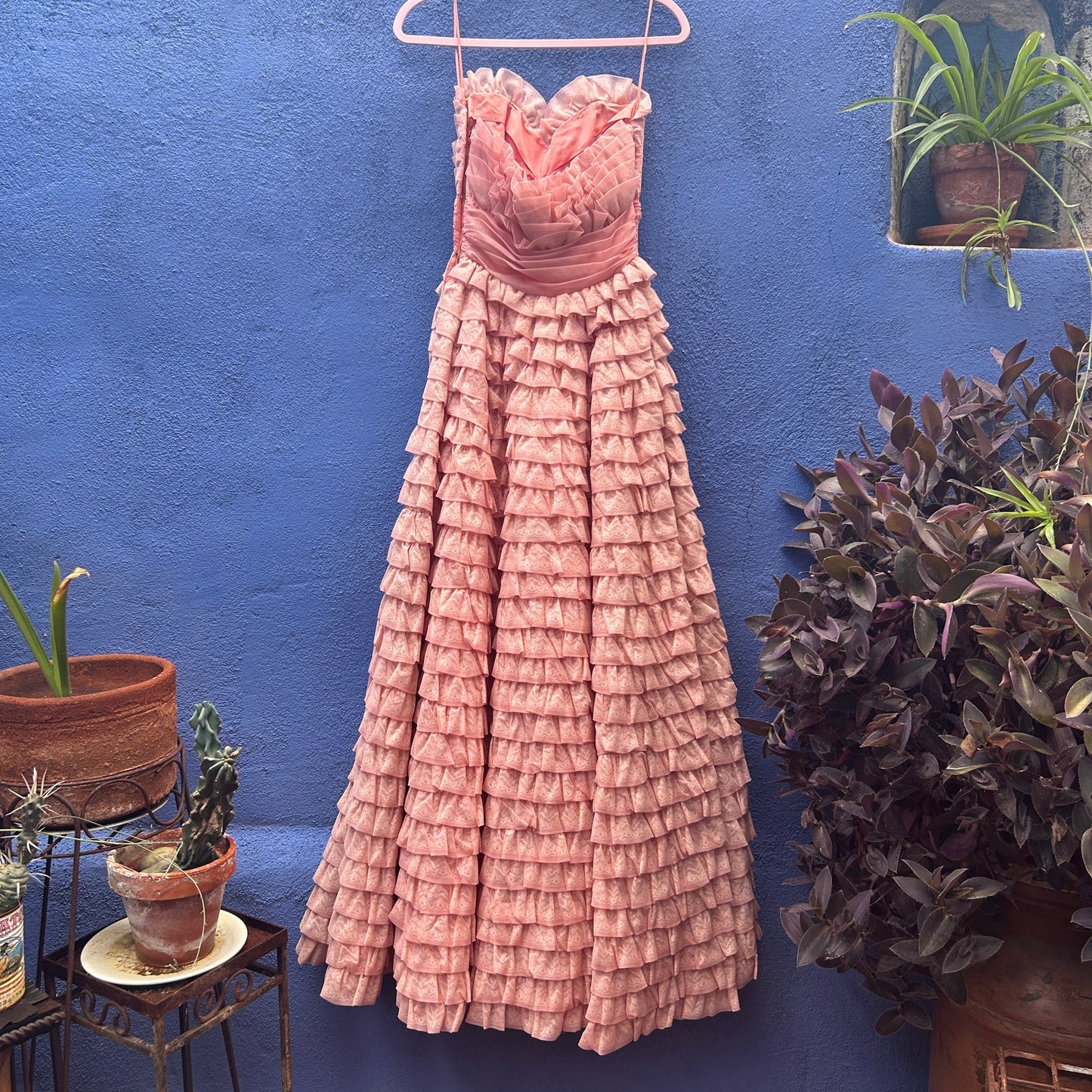 vintage handmade pink tiered strapless cocktail prom gown