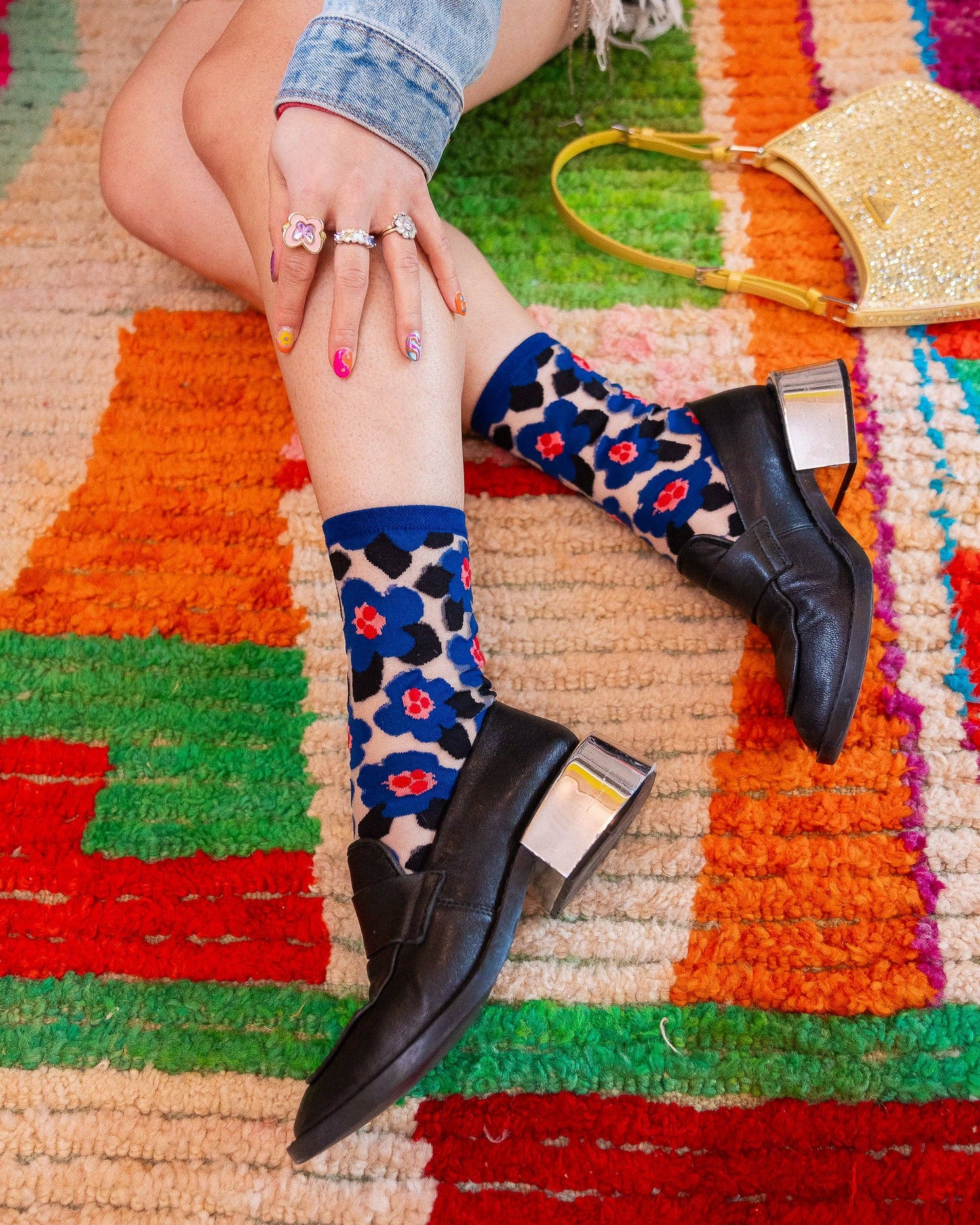 Bold Blue Floral Sheer Crew Sock | Sock Candy
