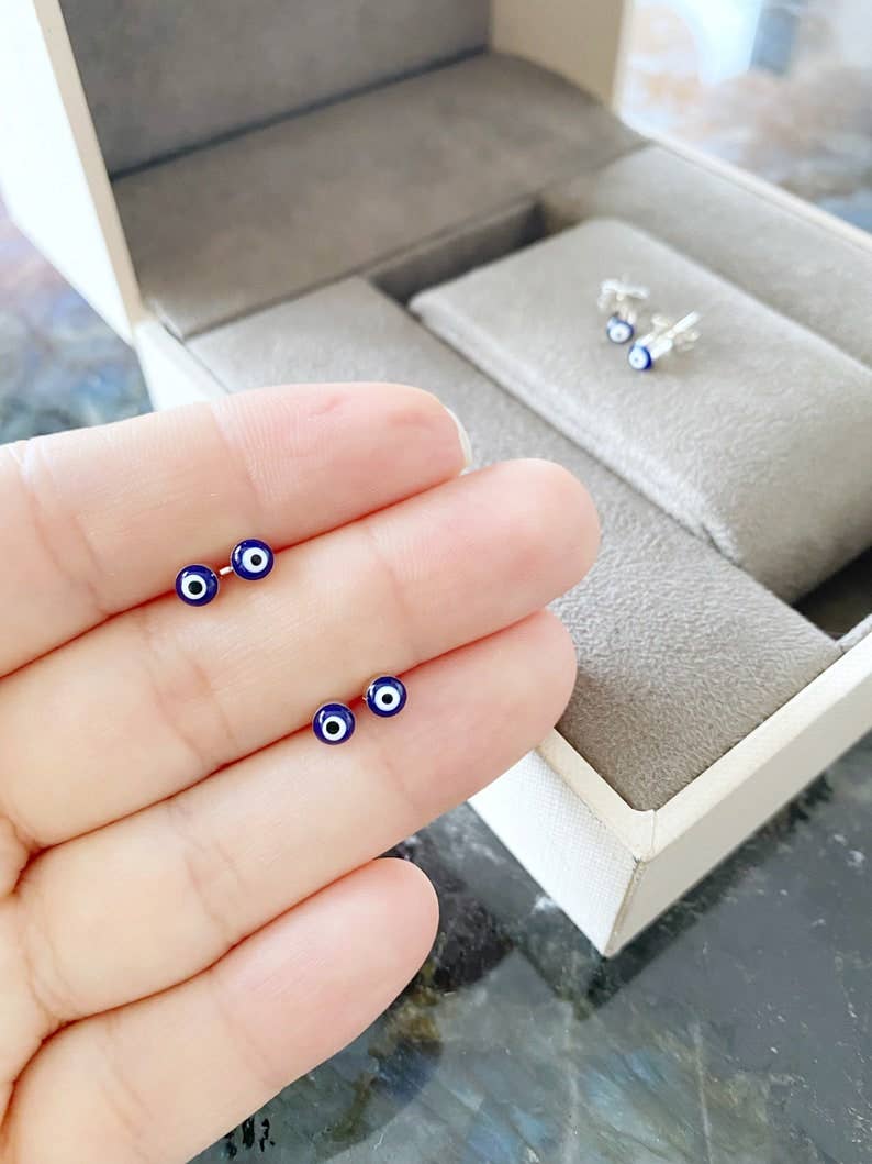 Navy Blue Evil Eye Earrings, Gold Silver Stud Earrings, Dainty Evil Eye Jewelry, | Evileyefavor