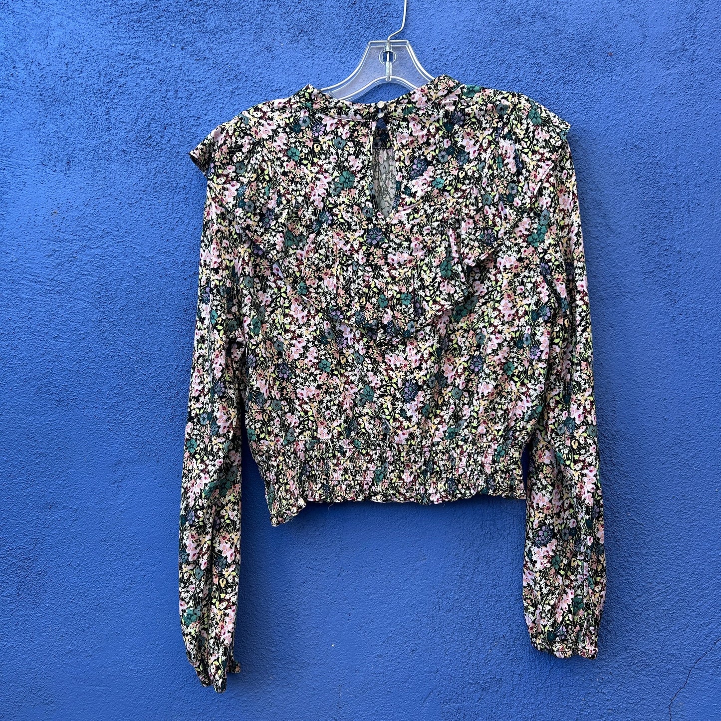 floral print ruched waist top with triangle ruffle detail