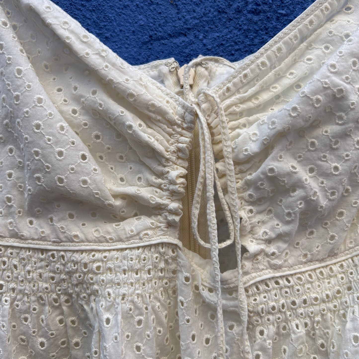 cream eyelet cotton sundress with keyhole tie details