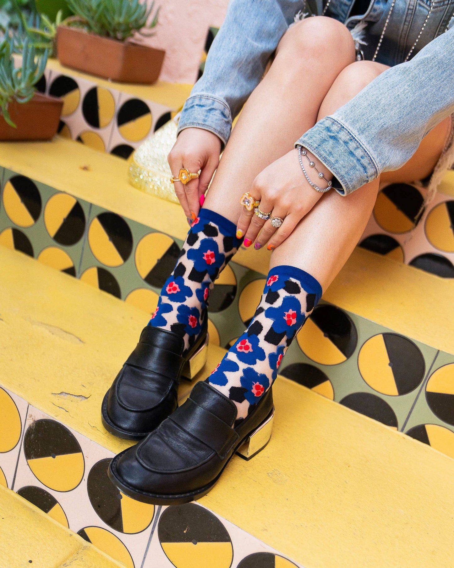 Bold Blue Floral Sheer Crew Sock | Sock Candy