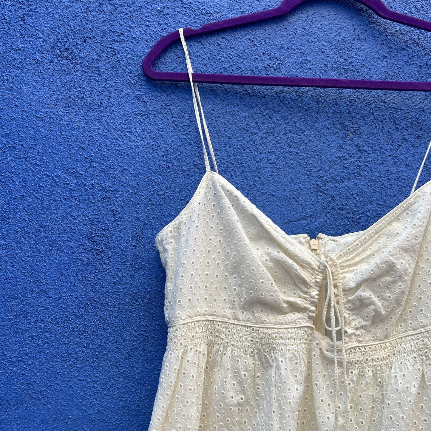 cream eyelet cotton sundress with keyhole tie details