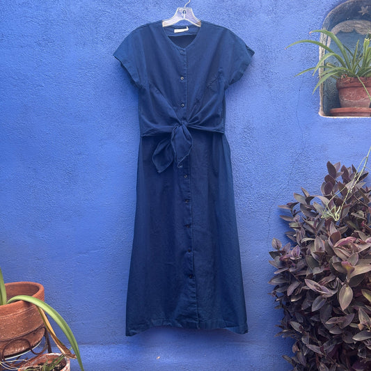 micaela greg navy cotton button and tie front dress