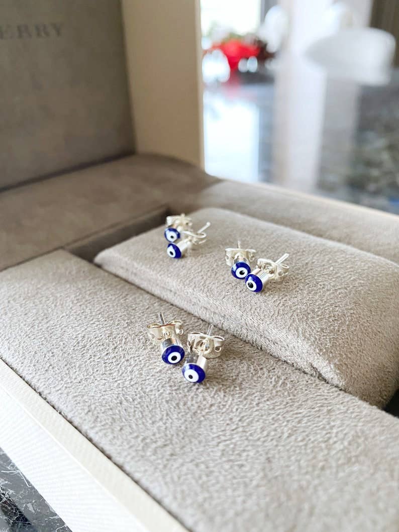 Navy Blue Evil Eye Earrings, Gold Silver Stud Earrings, Dainty Evil Eye Jewelry, | Evileyefavor