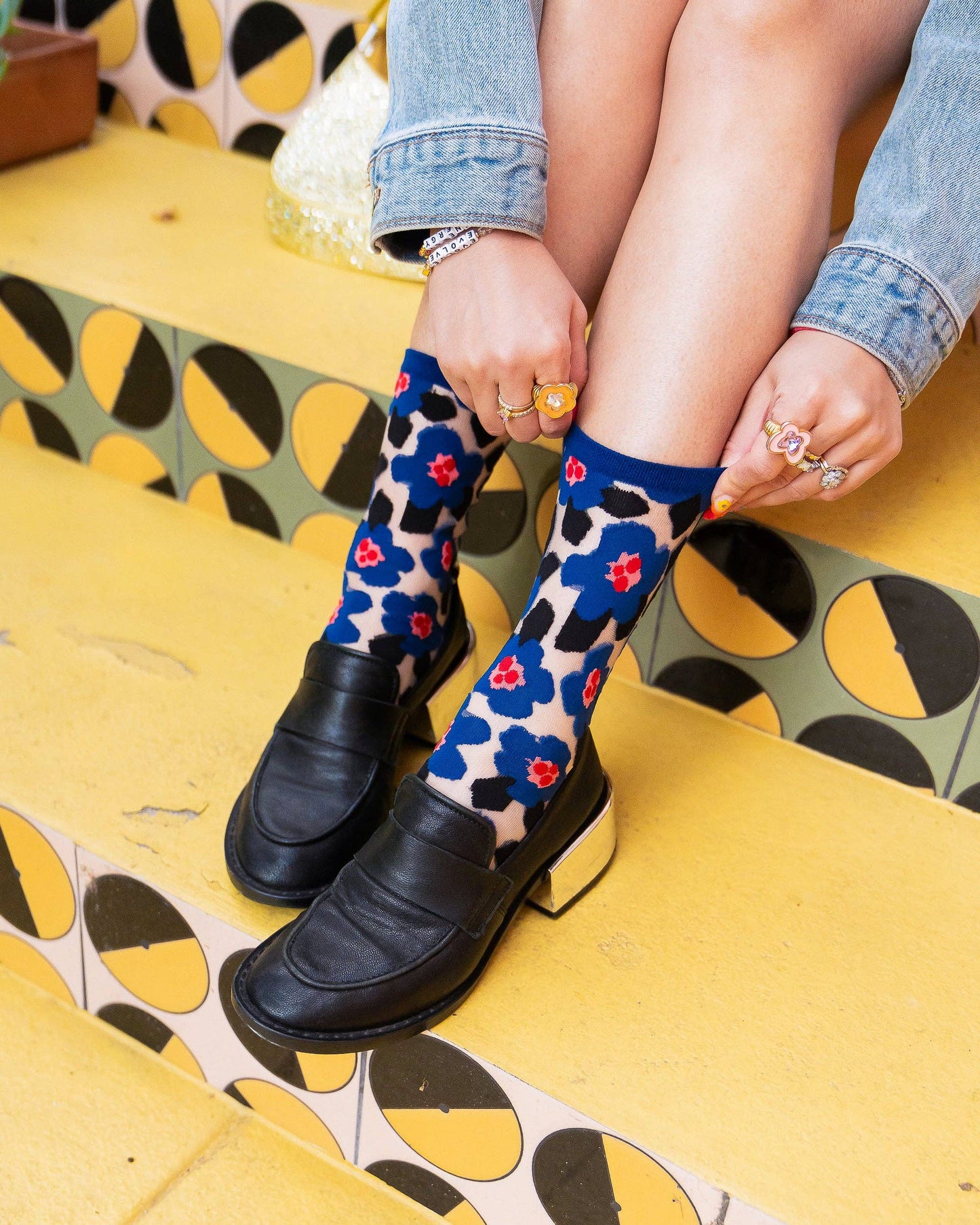 Bold Blue Floral Sheer Crew Sock | Sock Candy