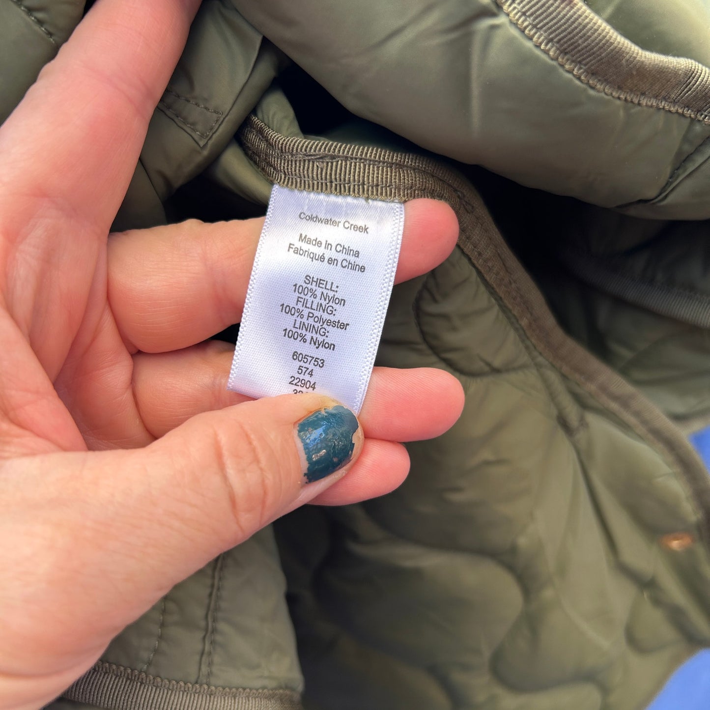 coldwater creek army green quilted jacket