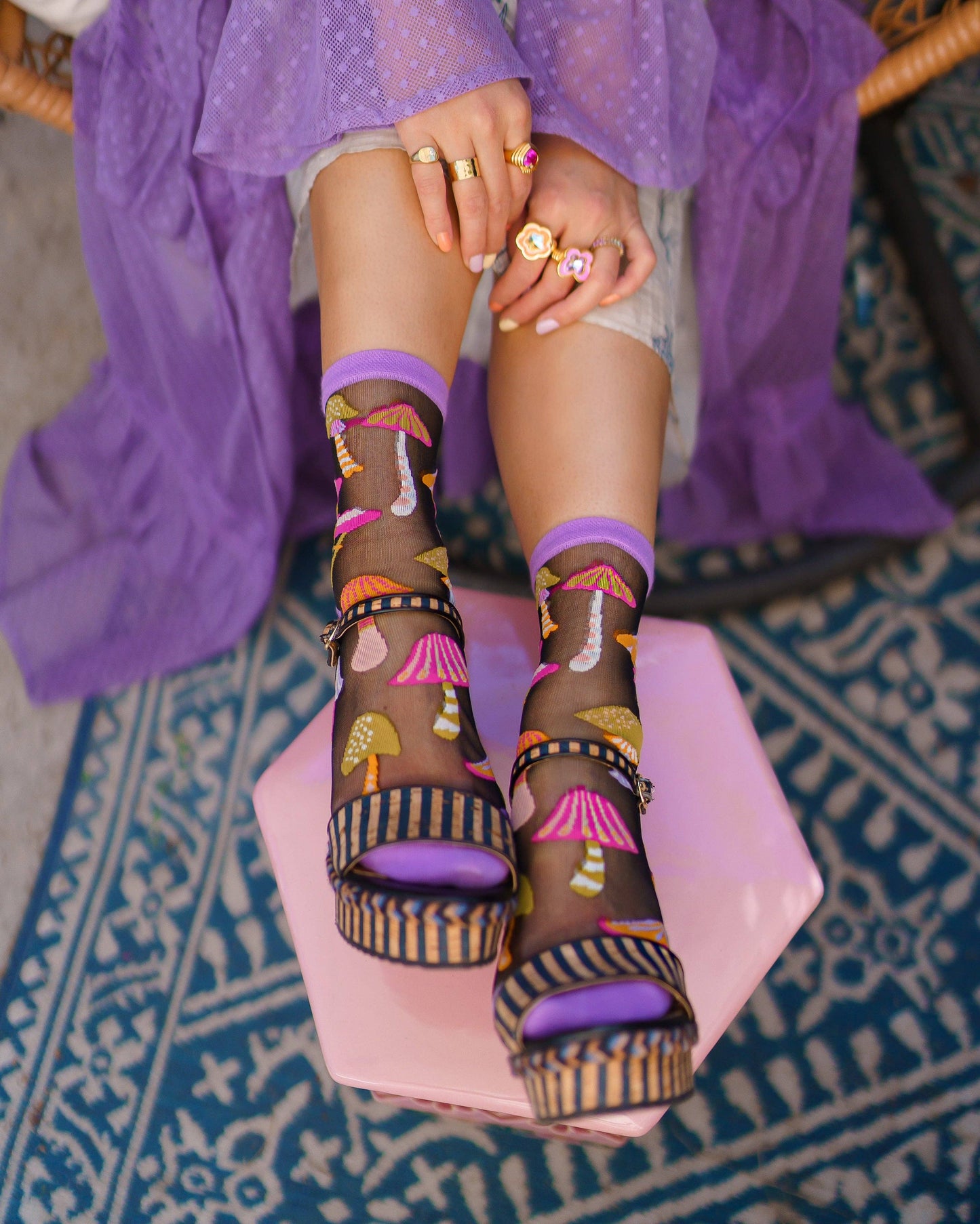 Magic Mushrooms Black Sheer Crew Sock | Sock Candy