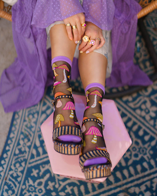 Magic Mushrooms Black Sheer Crew Sock | Sock Candy