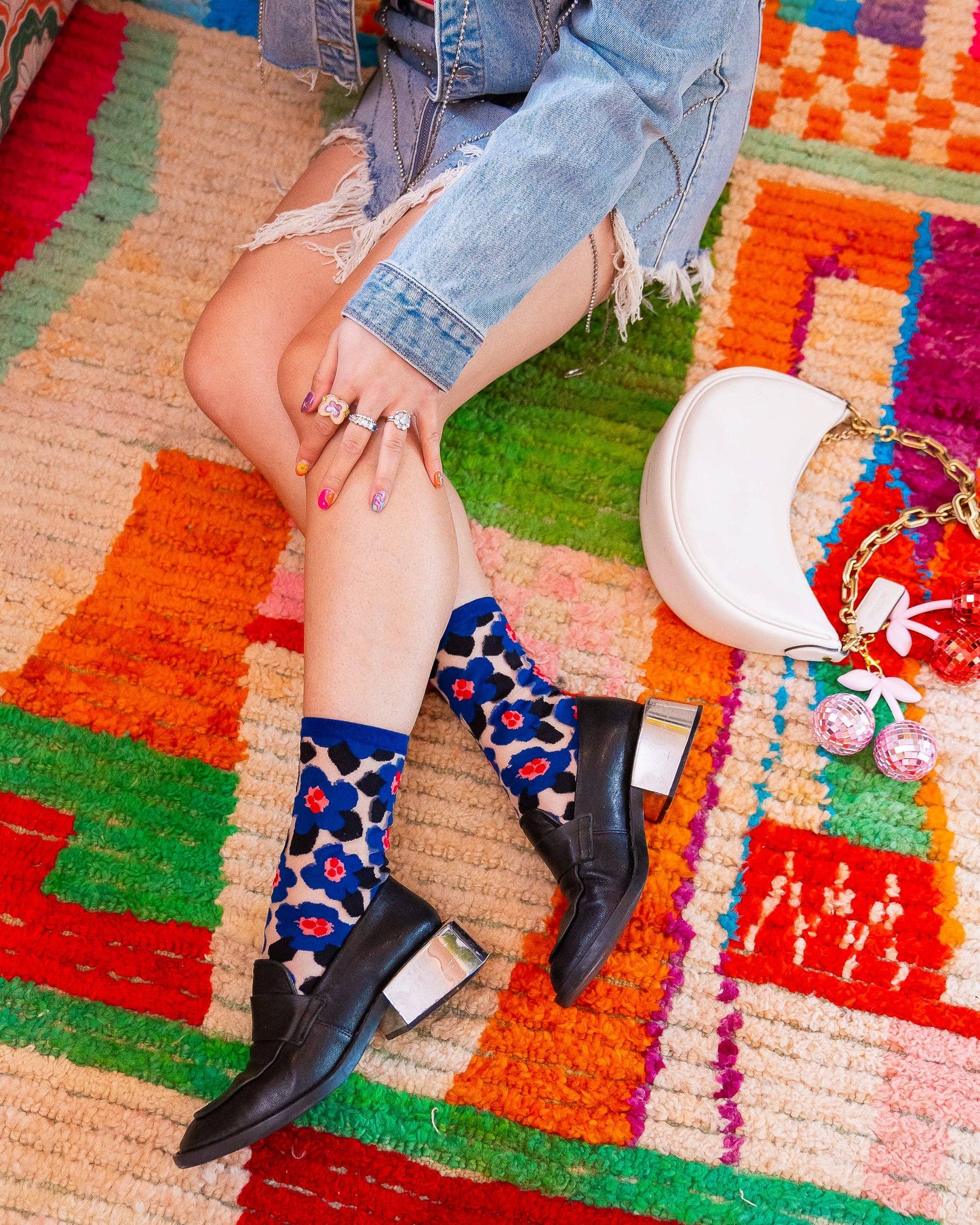 Bold Blue Floral Sheer Crew Sock | Sock Candy