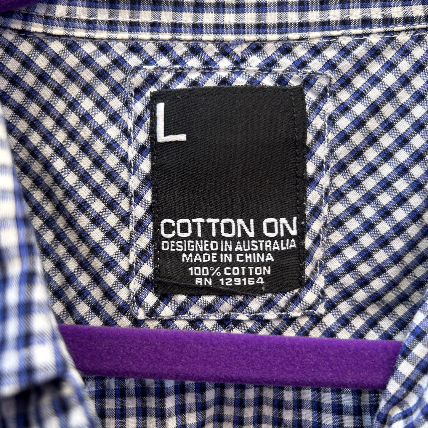 cotton on men's blue and white check button up shirt