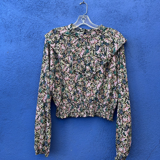 floral print ruched waist top with triangle ruffle detail