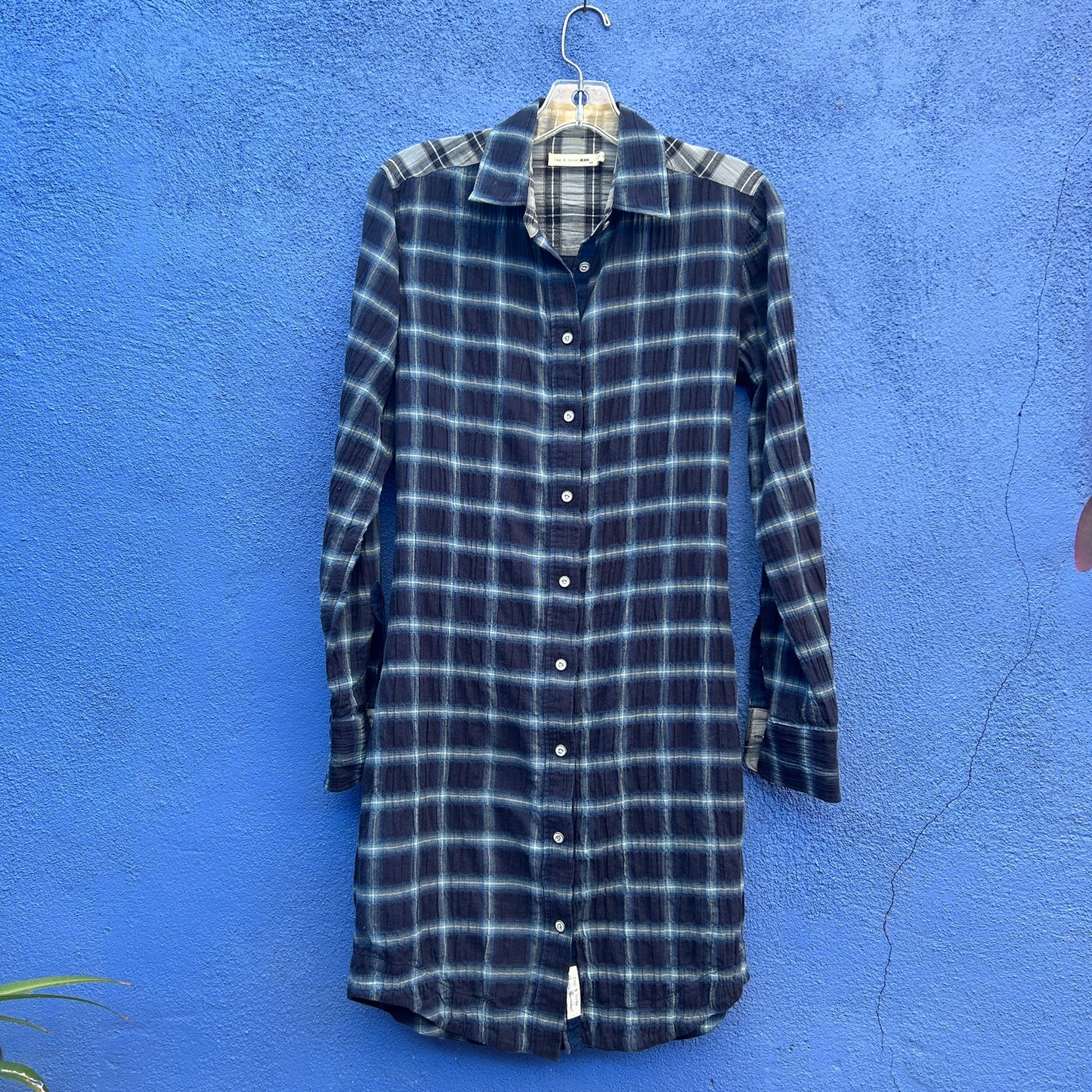 rag and bone jean blue plaid crinkle cotton shirt dress