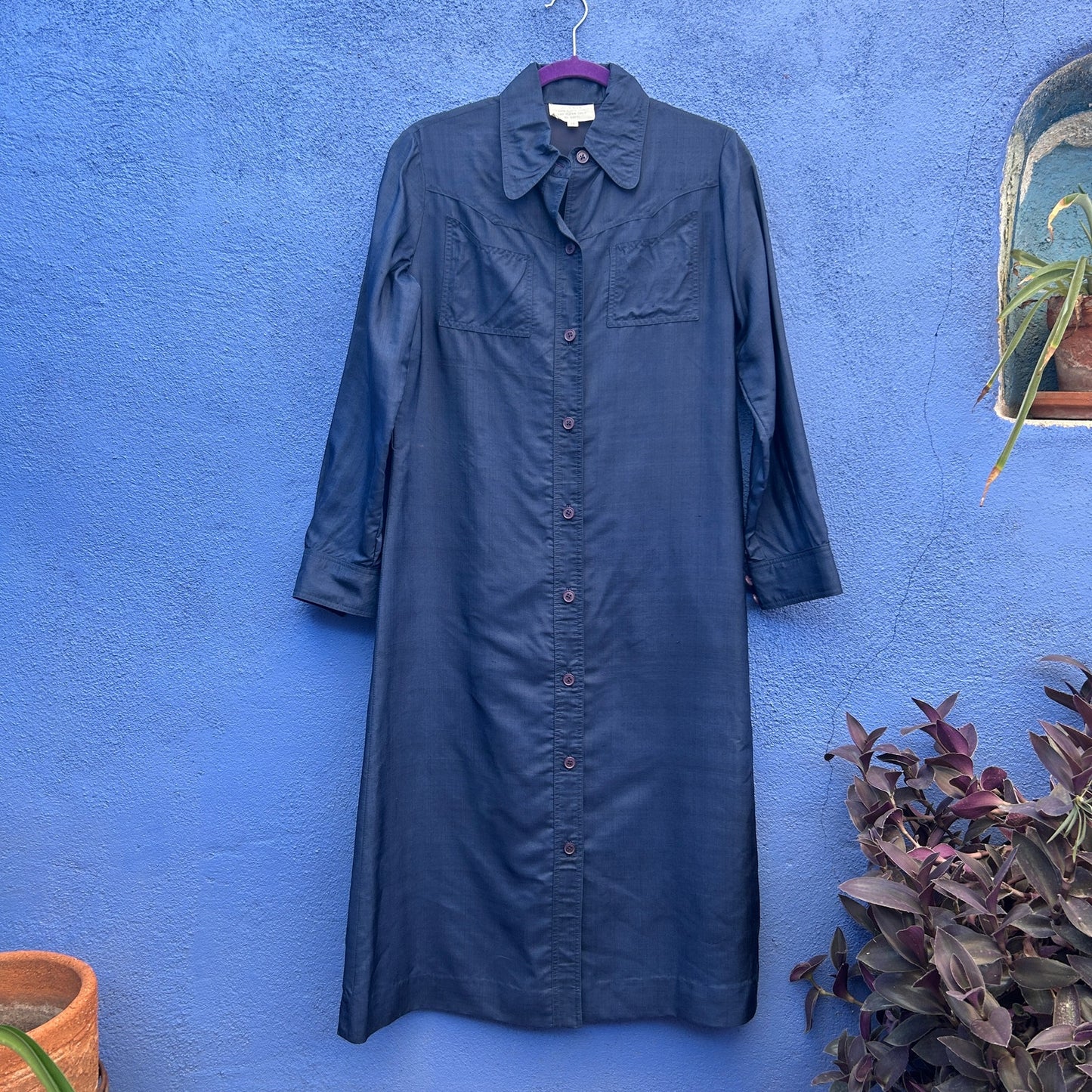 vintage navy 100% silk button front shift dress