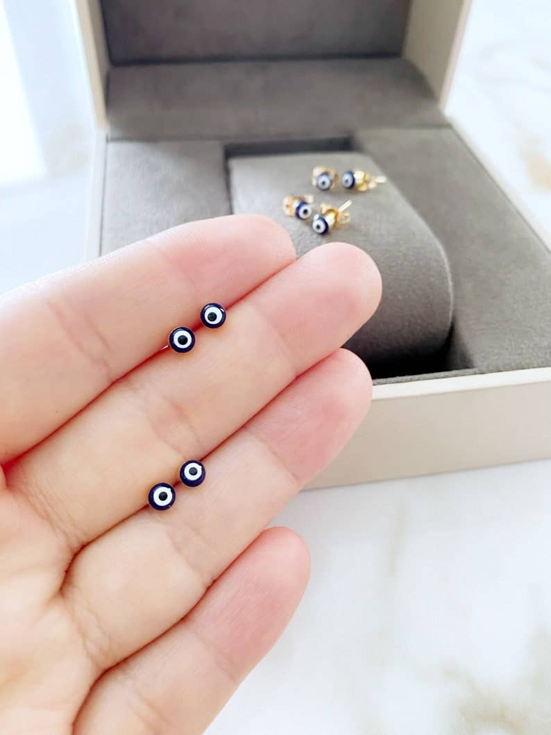 Navy Blue Evil Eye Earrings, Gold Silver Stud Earrings, Dainty Evil Eye Jewelry, | Evileyefavor