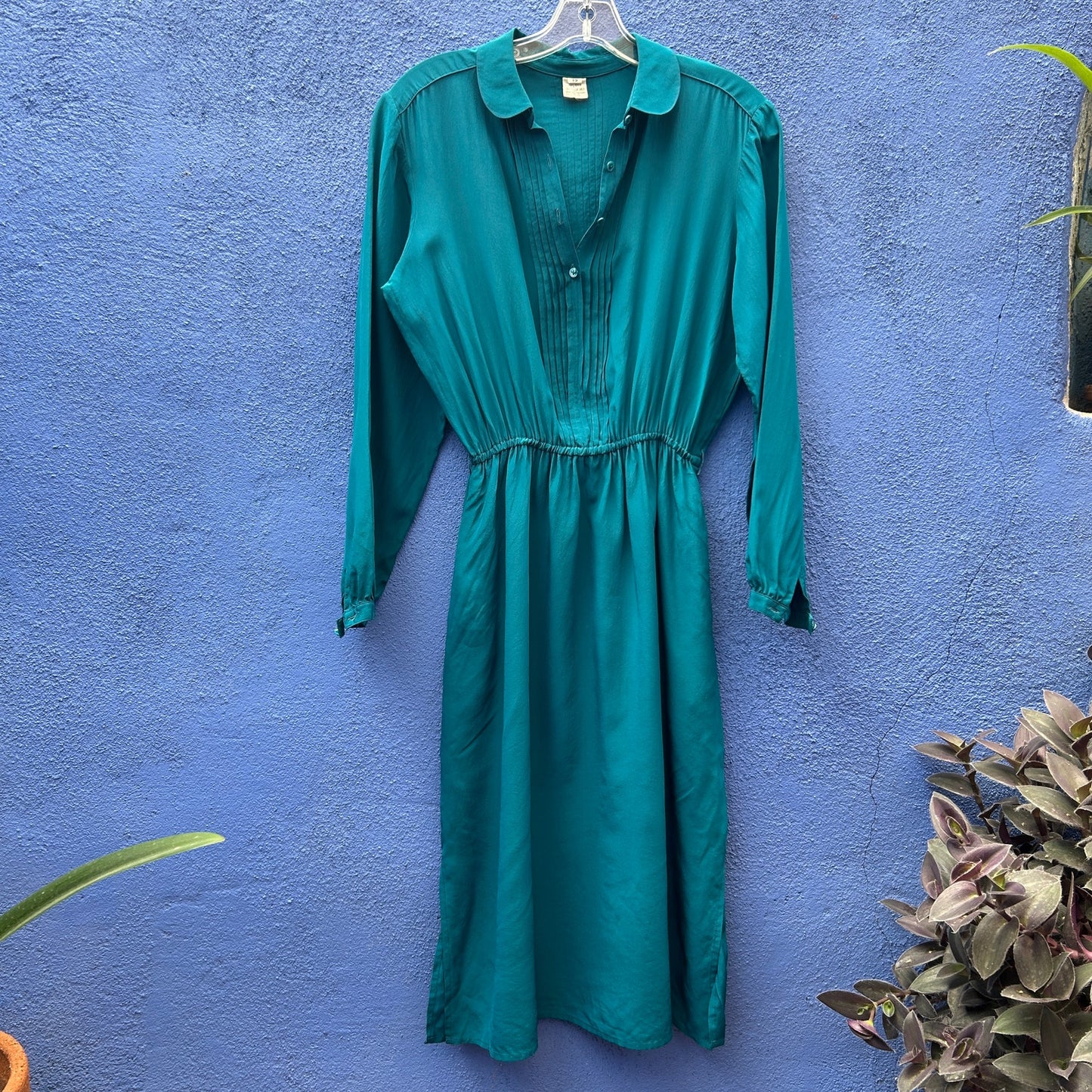 vintage teal silk pintucked midi dress