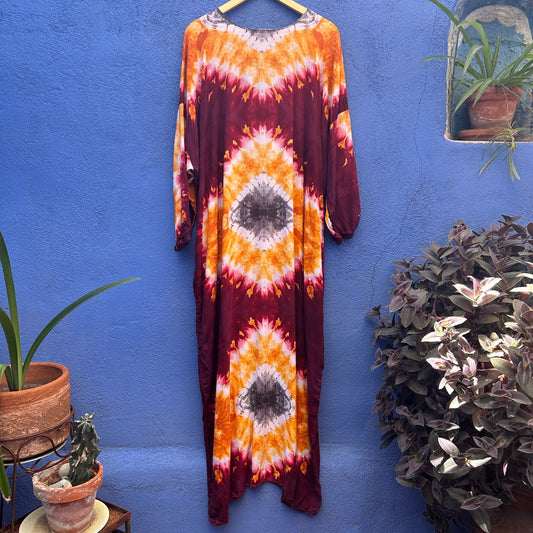 burgundy and goldenrod tie dye maxi dress