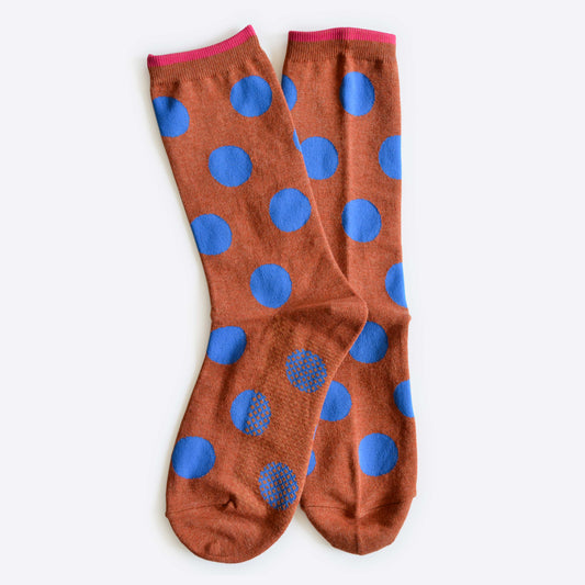 Hooray Sock Co. | Panhandle Polka Dot Crew Socks, Brown and Blue