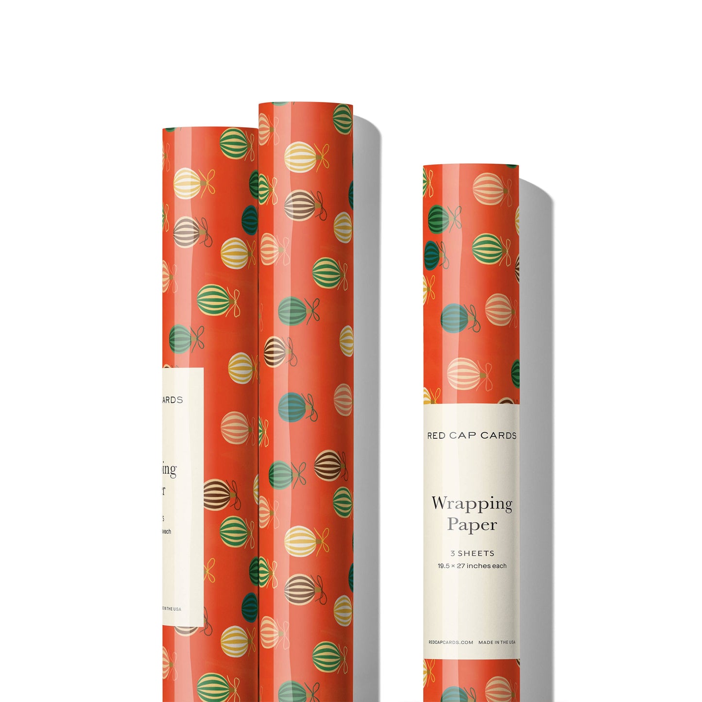Red Cap Cards | Merry Ornaments holiday wrapping paper