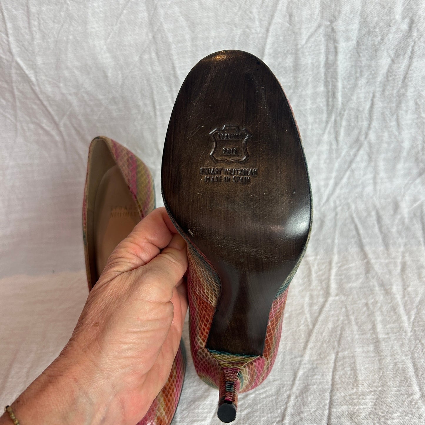 stuart weitzman rainbow snakeskin round toe pumps