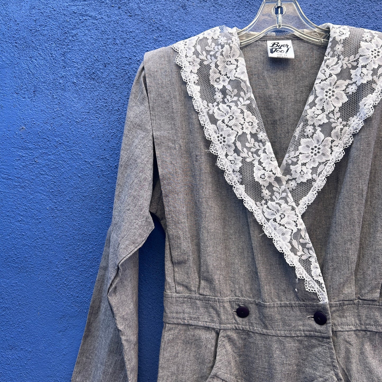 vintage 80s byer too! lace flanked gray cotton jumpsuit