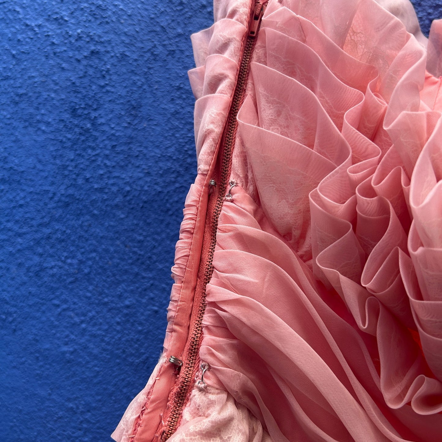 vintage handmade pink tiered strapless cocktail prom gown