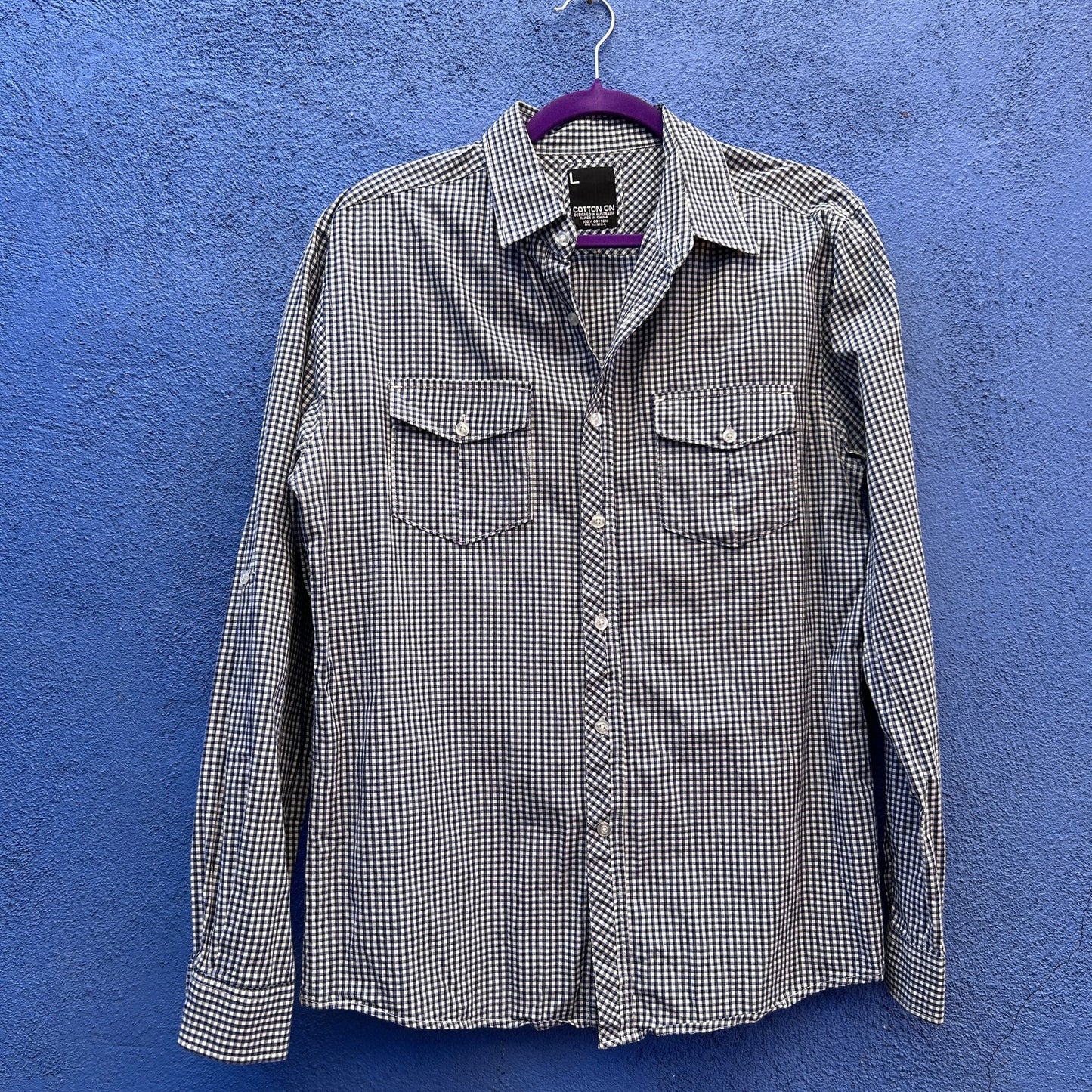 cotton on men's blue and white check button up shirt