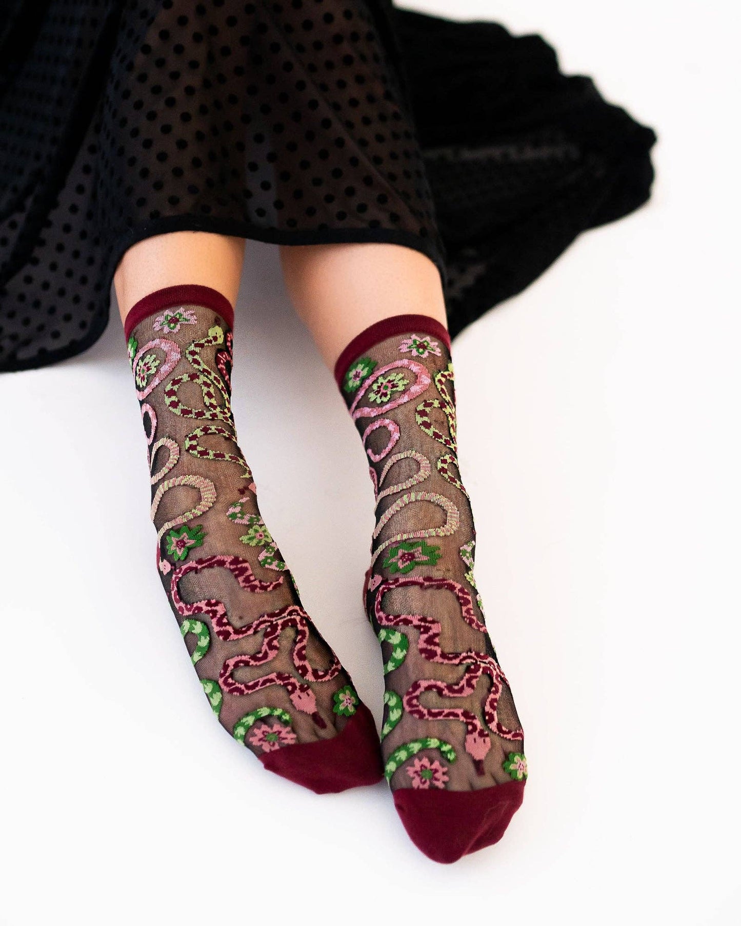 Serpentine Floral Black Sheer Crew Sock | Sock Candy