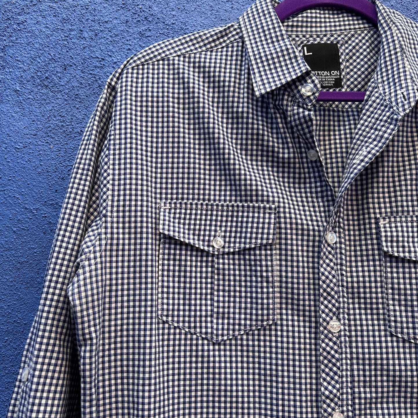 cotton on men's blue and white check button up shirt