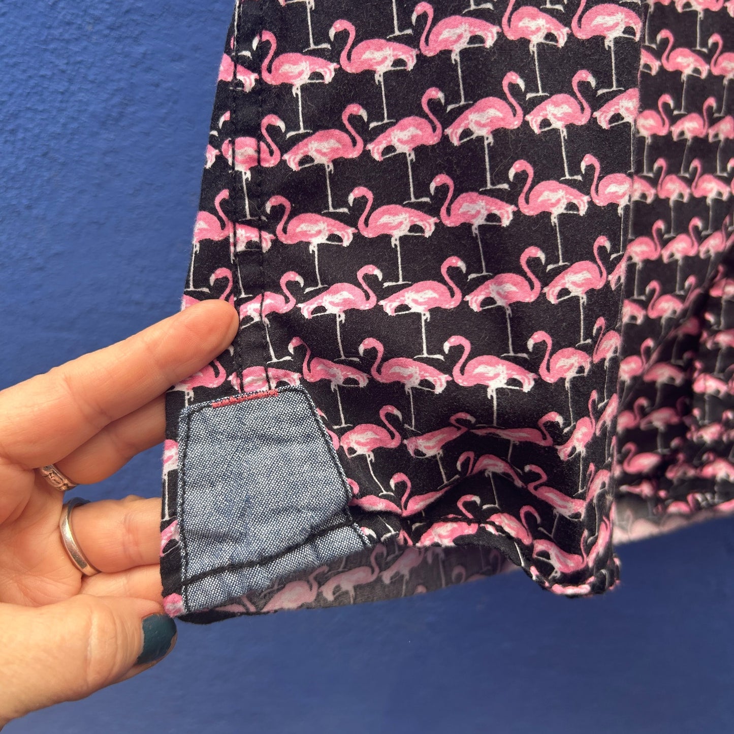 good vibes slim fitting pink flamingo short sleeve button up