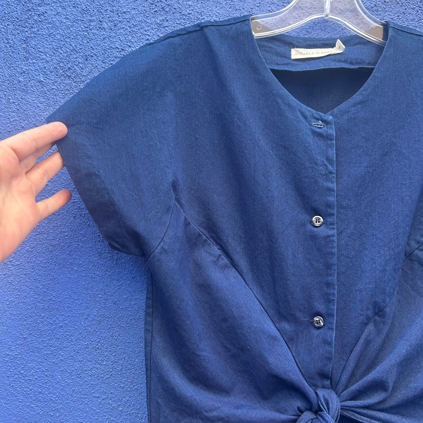 micaela greg navy cotton button and tie front dress