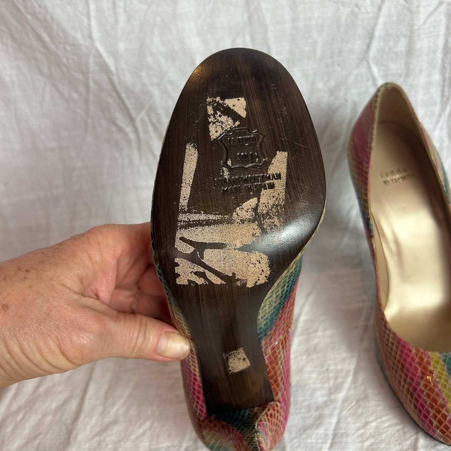 stuart weitzman rainbow snakeskin round toe pumps