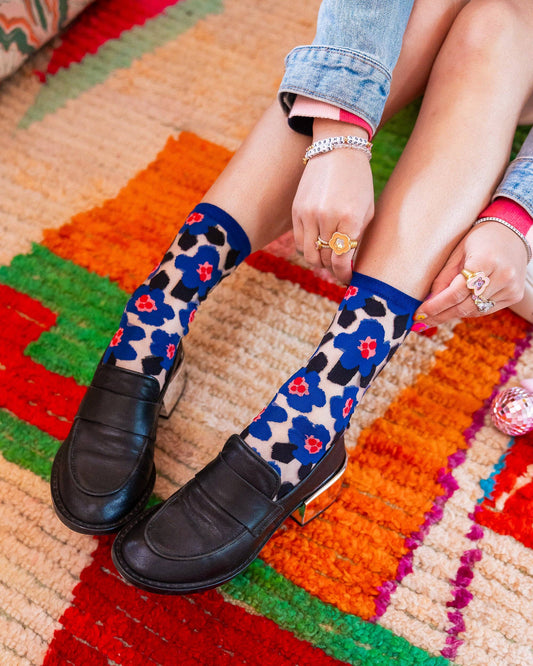 Bold Blue Floral Sheer Crew Sock | Sock Candy
