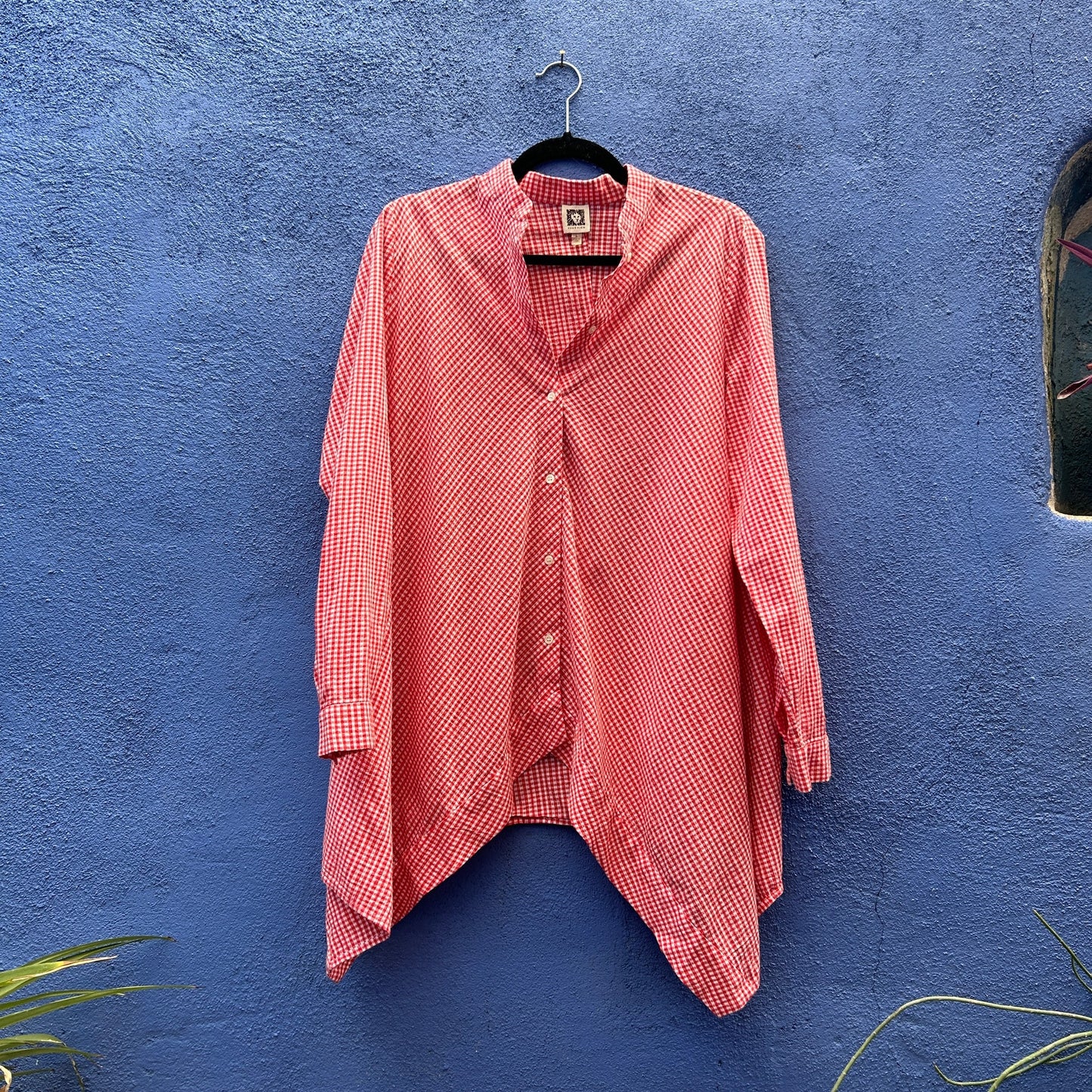 anne klein red and white gingham lagenlook button up tunic