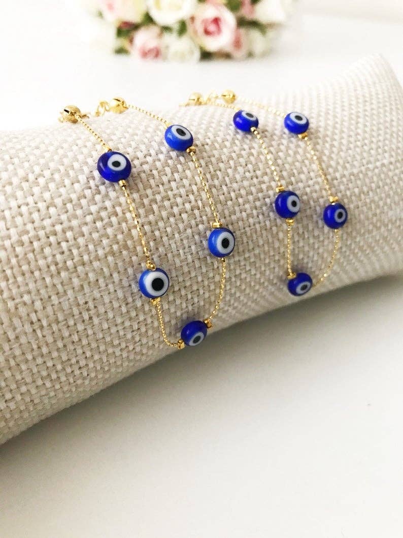 Blue Evil Eye Bracelet, Gold Chain Bracelet, Evil Eye Jewelry, Dainty Bracelet | Evileyefavor