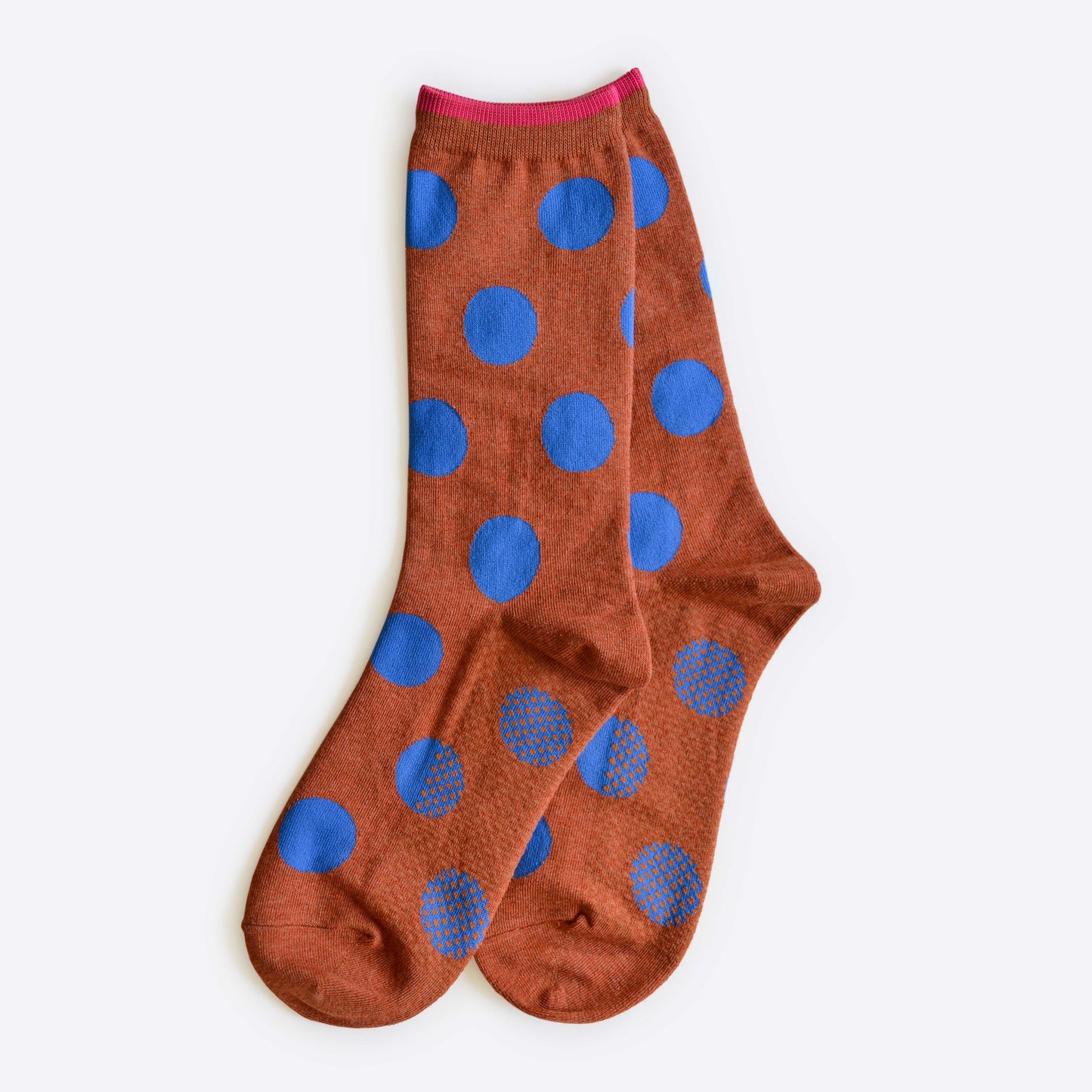 Hooray Sock Co. | Panhandle Polka Dot Crew Socks, Brown and Blue