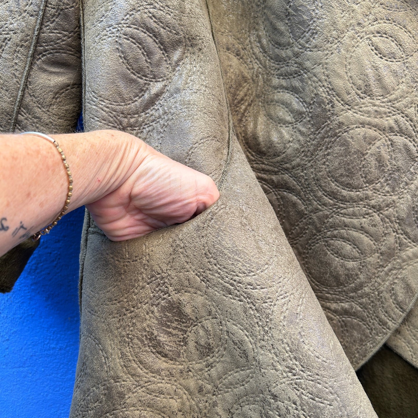 bryn walker quilted distressed suede fur lined lagenlook coat