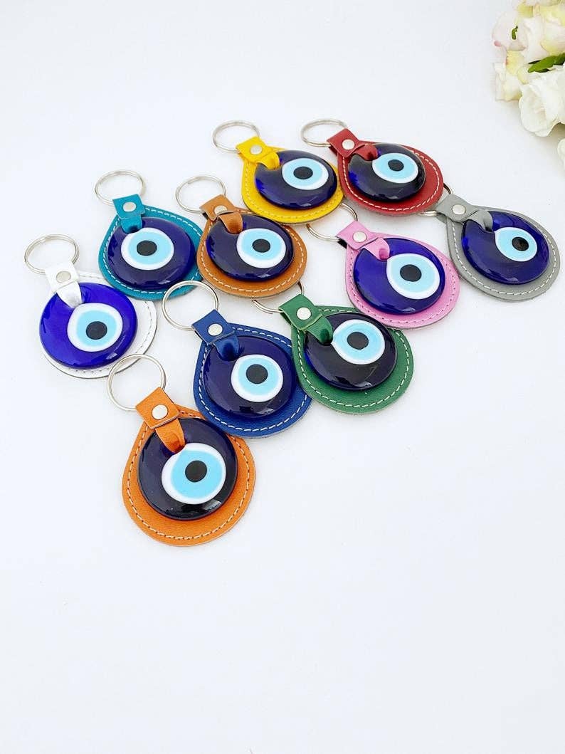 Blue Evil Eye Keychain, Leather Keychain, Evil Eye Keyring, Turkish Evil Eye | Evileyefavor